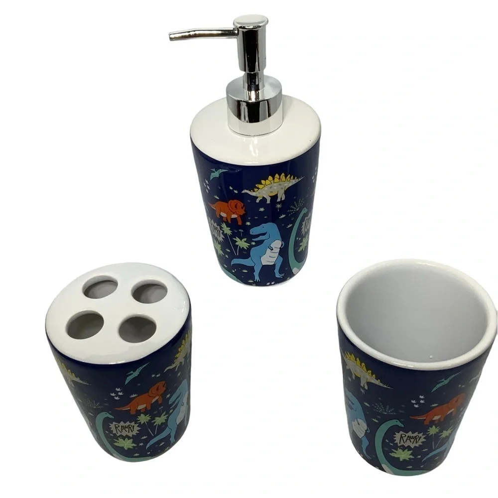 Matt & Maddie Dinosaur Bath Accessories Kids Colorful Ceramics Blue 3 Piece Set